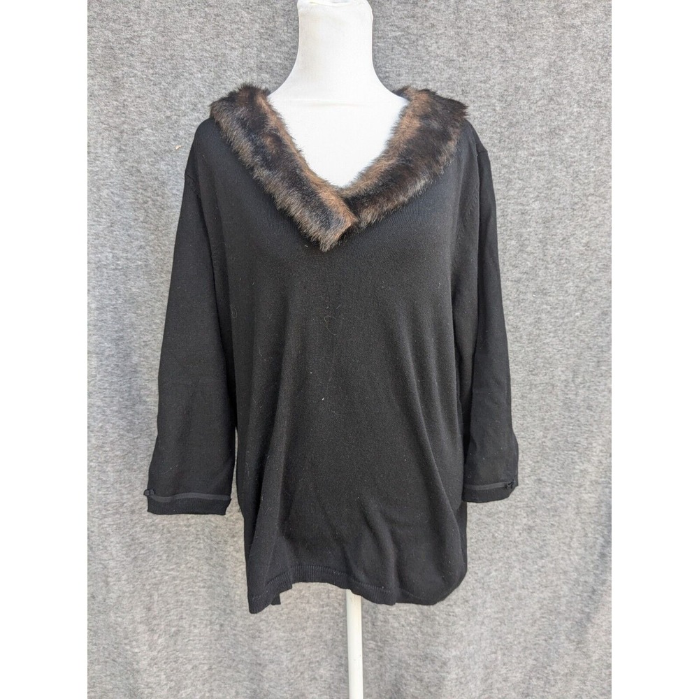 Lane Bryant Black Faux Fur Trim V-Neck Sweater 14/16 Detachable Collar Mob Wife